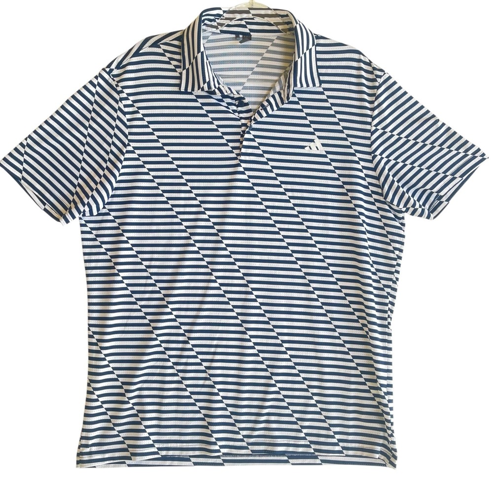 Adidas Polo Shirt Mens L Blue Geometric Striped Golf Performance Short Sleeve